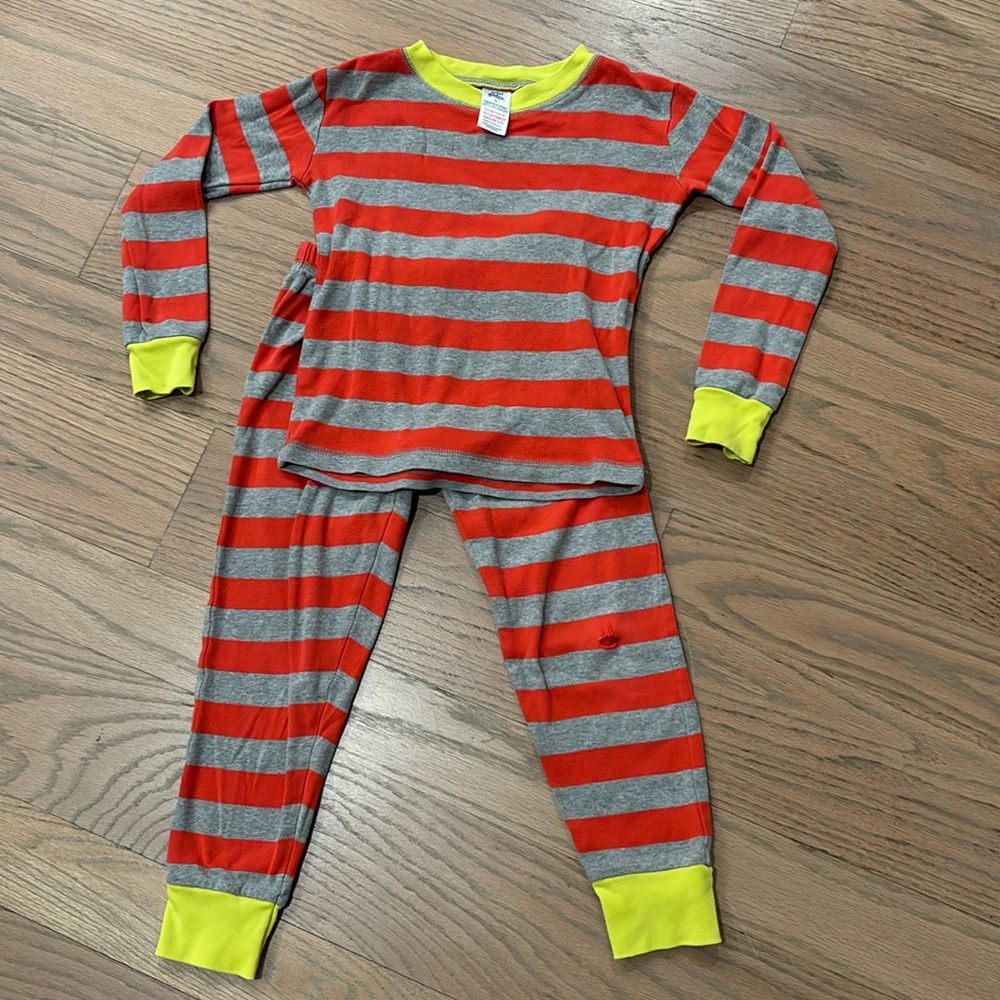 Mini Boden orange and grey striped long sleeve pajamas, size 6